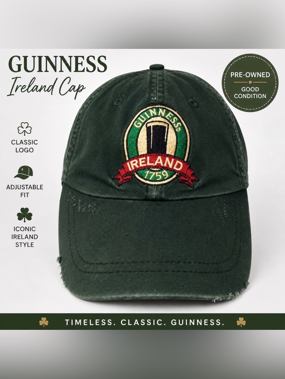 Vintage Guinness Ireland 1759 Distressed Olive Green Adjustable Baseball Cap Hat
